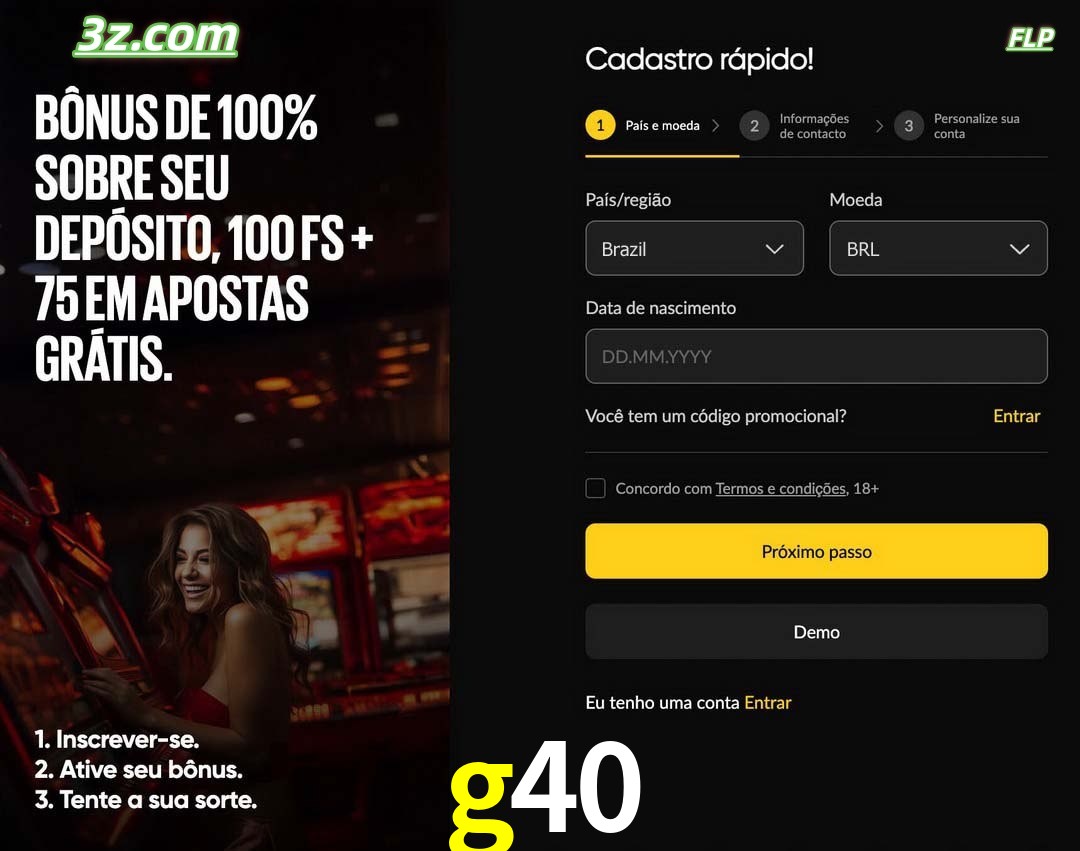 g40 registro oficial cassino online Brasil com bônus de depósito e free spins